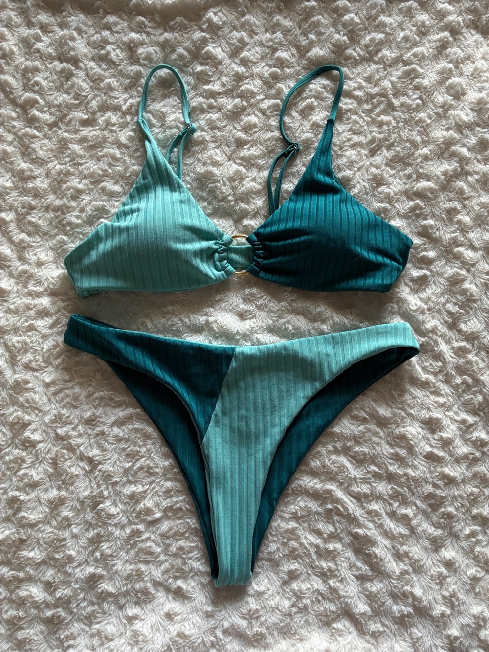 SHEIN Two-Tone Teal Ribbed Bikini Set